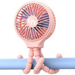 WiHoo clip-on stroller fan attached to a stroller for portable cooling