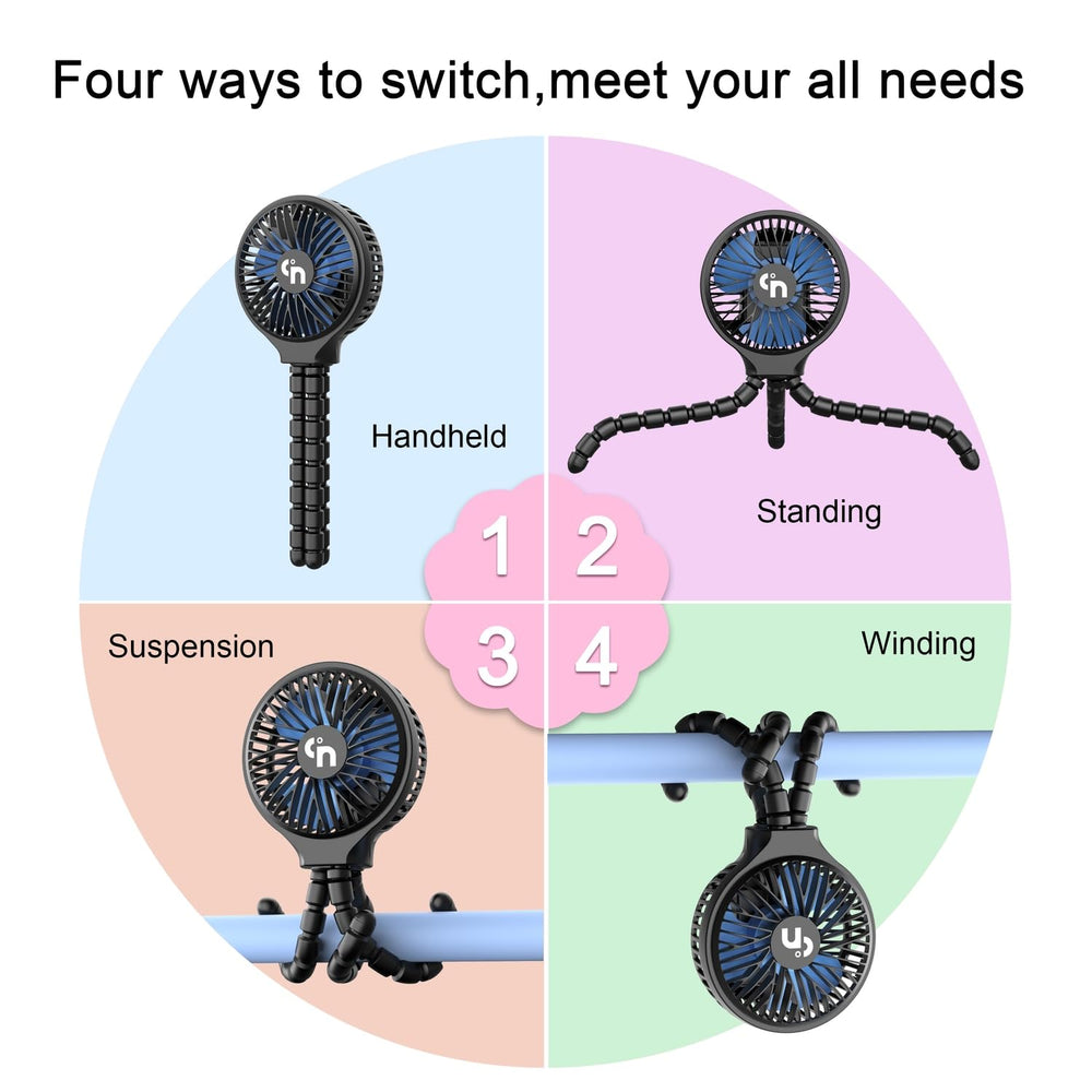 WiHoo stroller fan head rotated 360 degrees to direct airflow precisely.