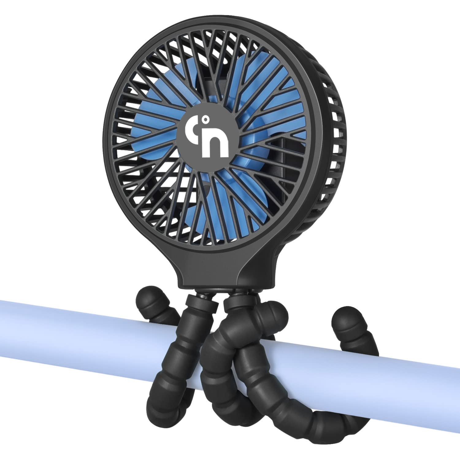 WiHoo clip-on stroller fan attached to a stroller for on-the-go cooling.