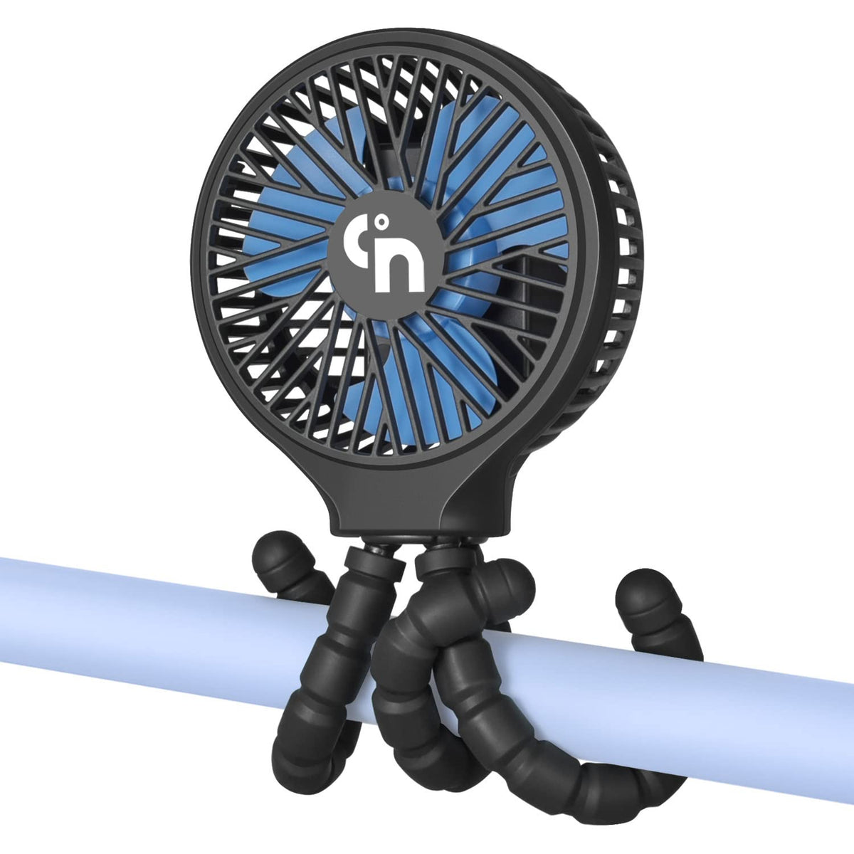 WiHoo clip-on stroller fan attached to a stroller for on-the-go cooling.