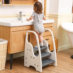 Wiifo 3-step stool gray handle closeup emphasizes grip and safety