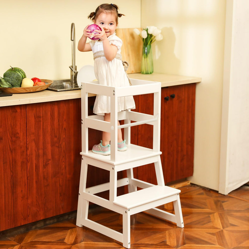 Wiifo sturdy stool by the sink supports brushing teeth and handwashing.