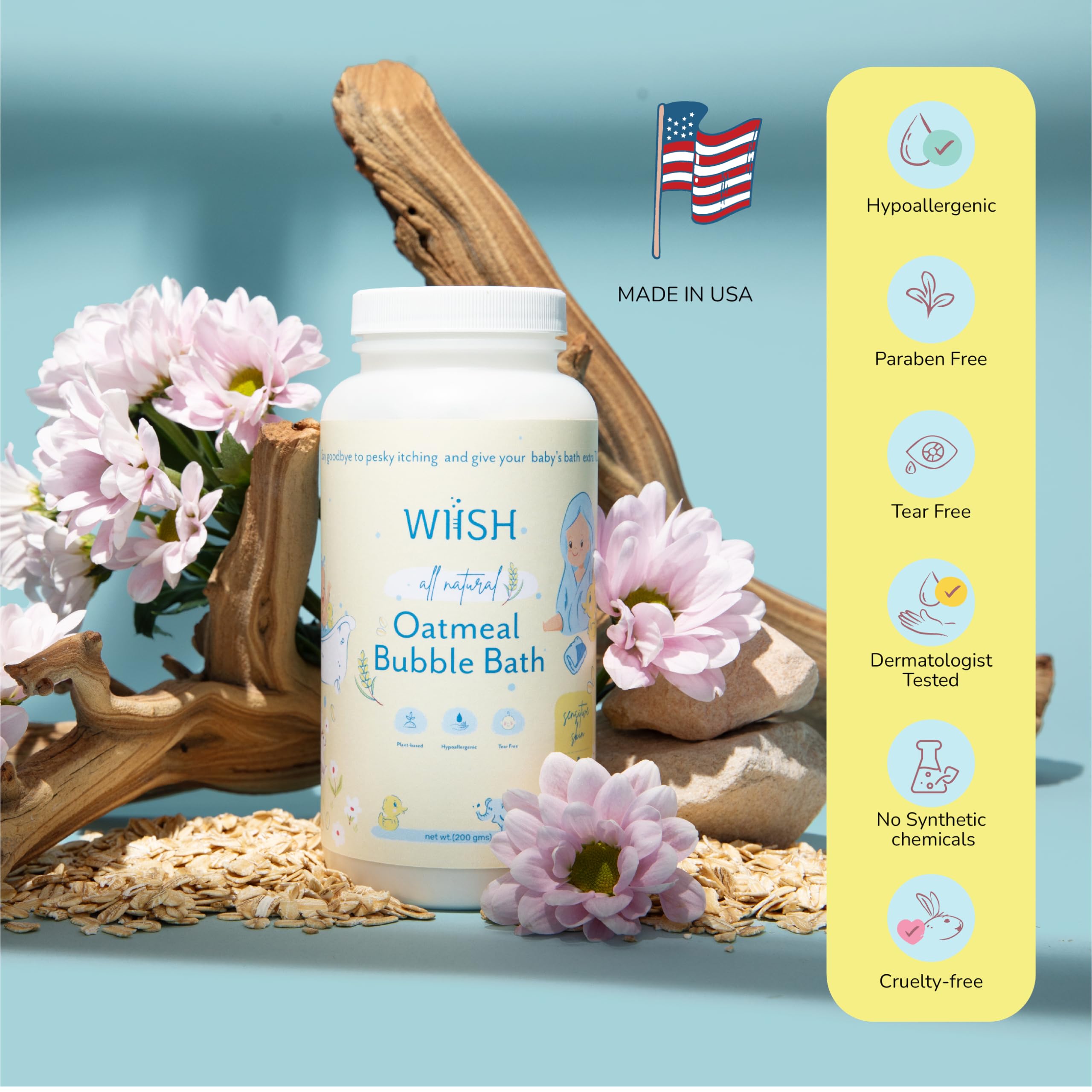 WIISH Baby Oatmeal Bubble Bath sustainable packaging helps reduce waste