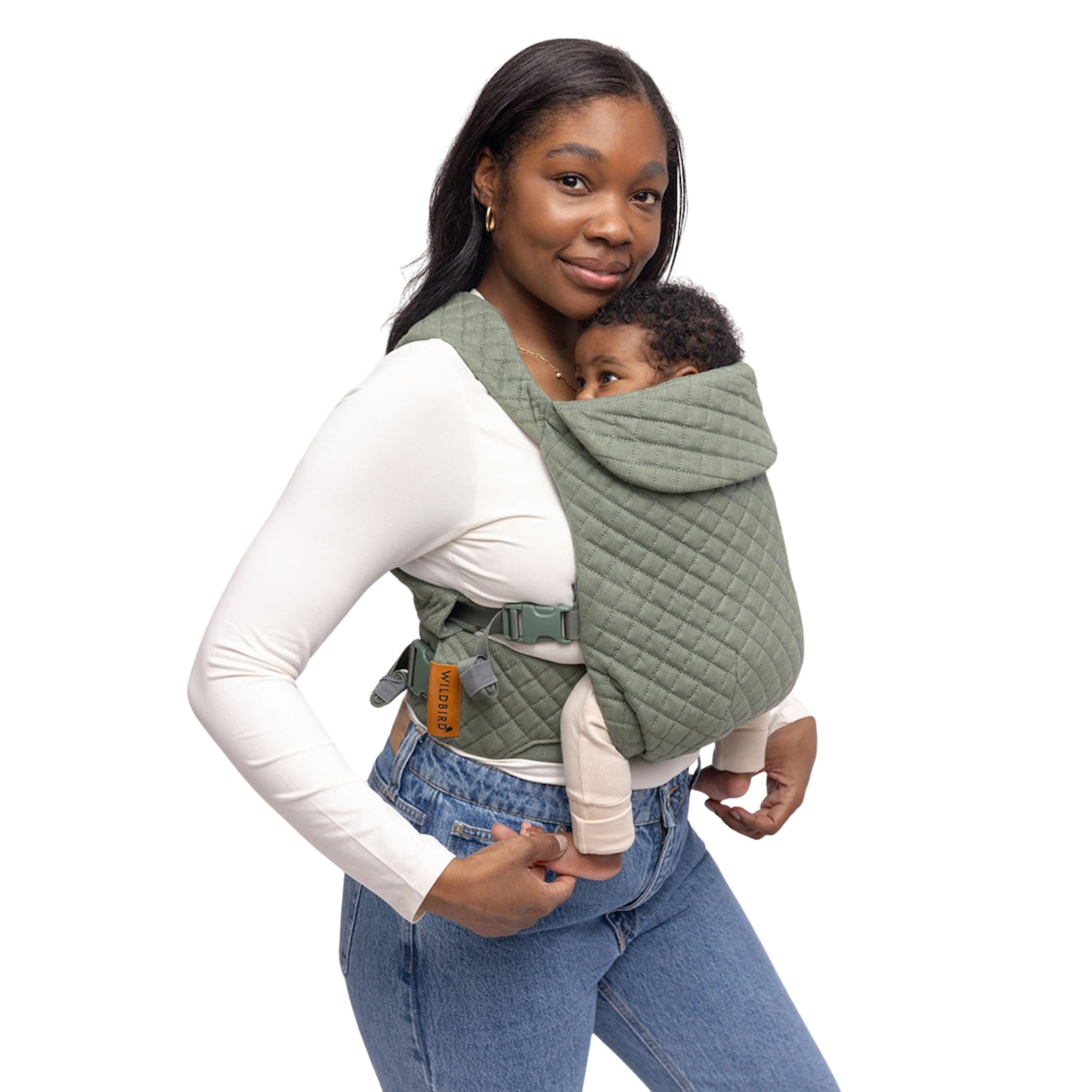 WildBird Aerial Buckle Carrier front view shows breathable linen and secure fit.