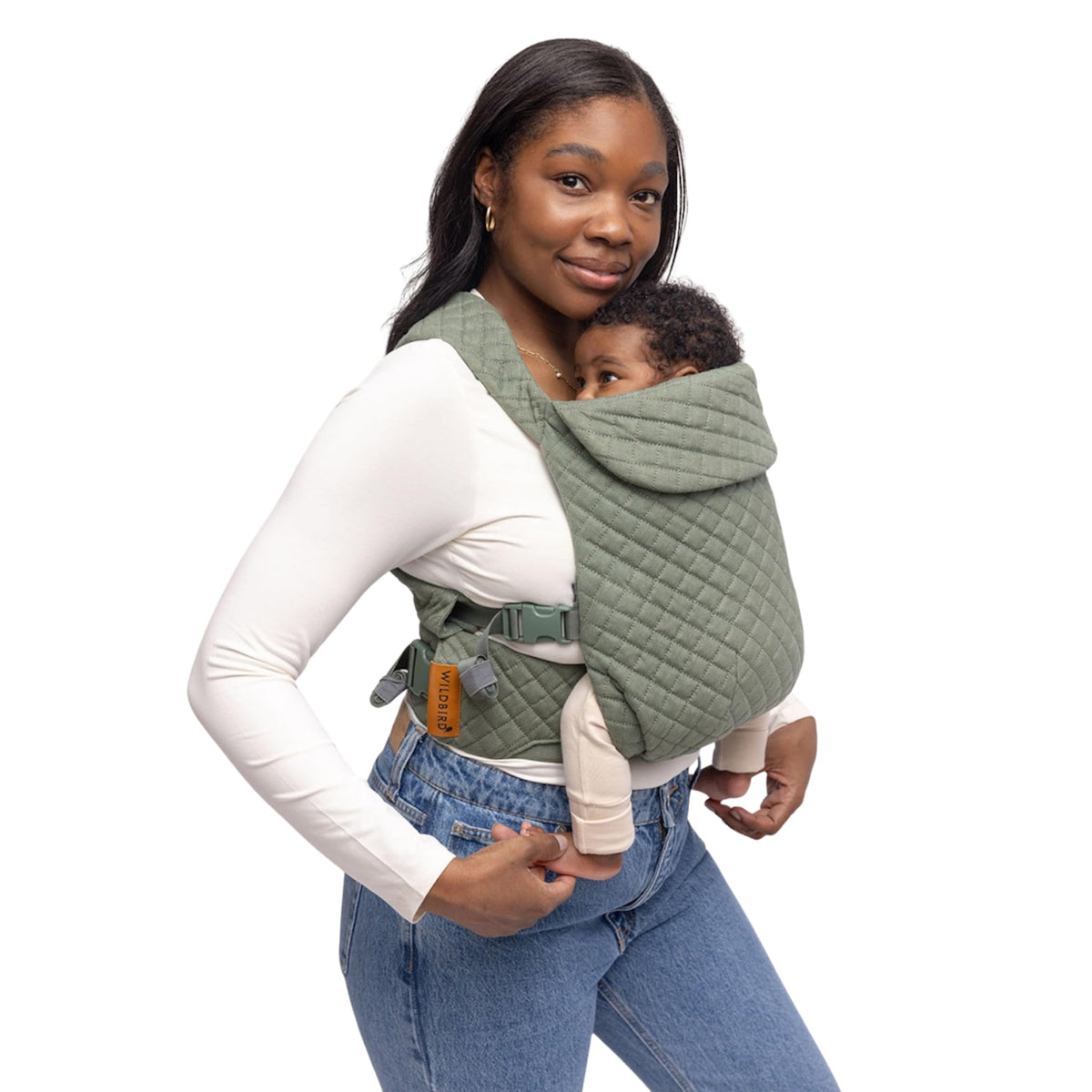 WildBird Aerial Buckle Carrier front view shows breathable linen and secure fit.