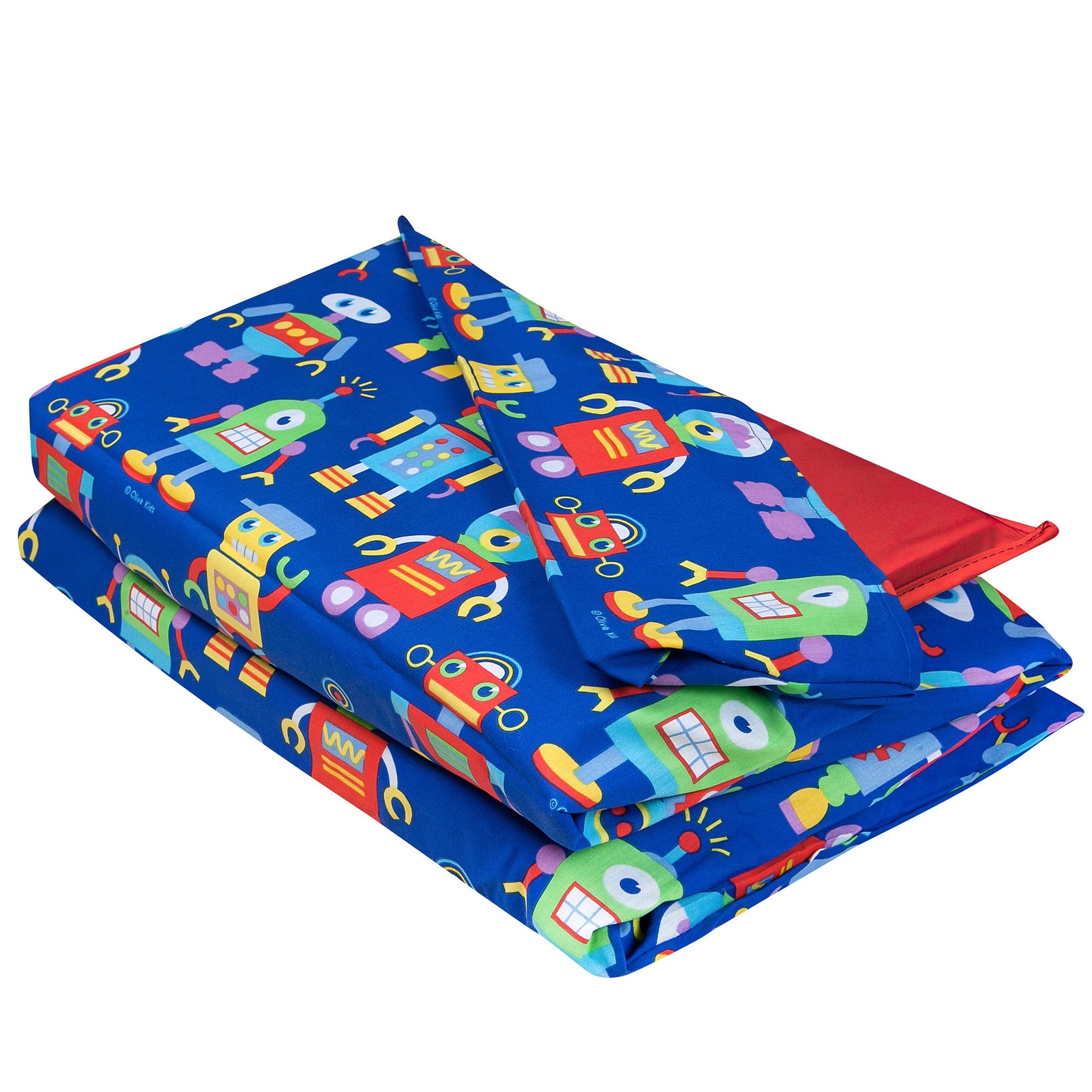 Wildkin nap mat cover robots pattern close-up stitching highlights durability