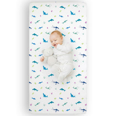 Wildkin Shark Attack crib sheet on a standard 52 x 28 crib mattress showing soft comfort