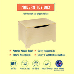 Wildkin toy box with safety hinge lid preventing finger pinches during playtime.