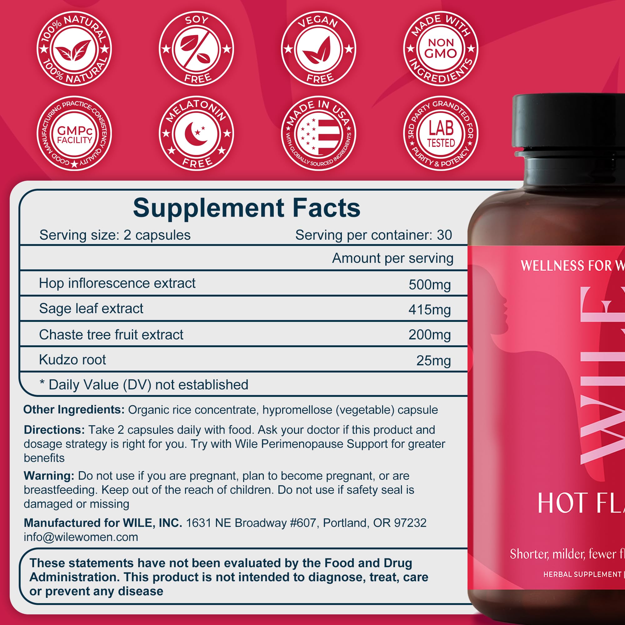 WILE Menopause & Perimenopause Supplements — Hot Flash Relief, Sleep Support, Kudzu Root | 30 Servings