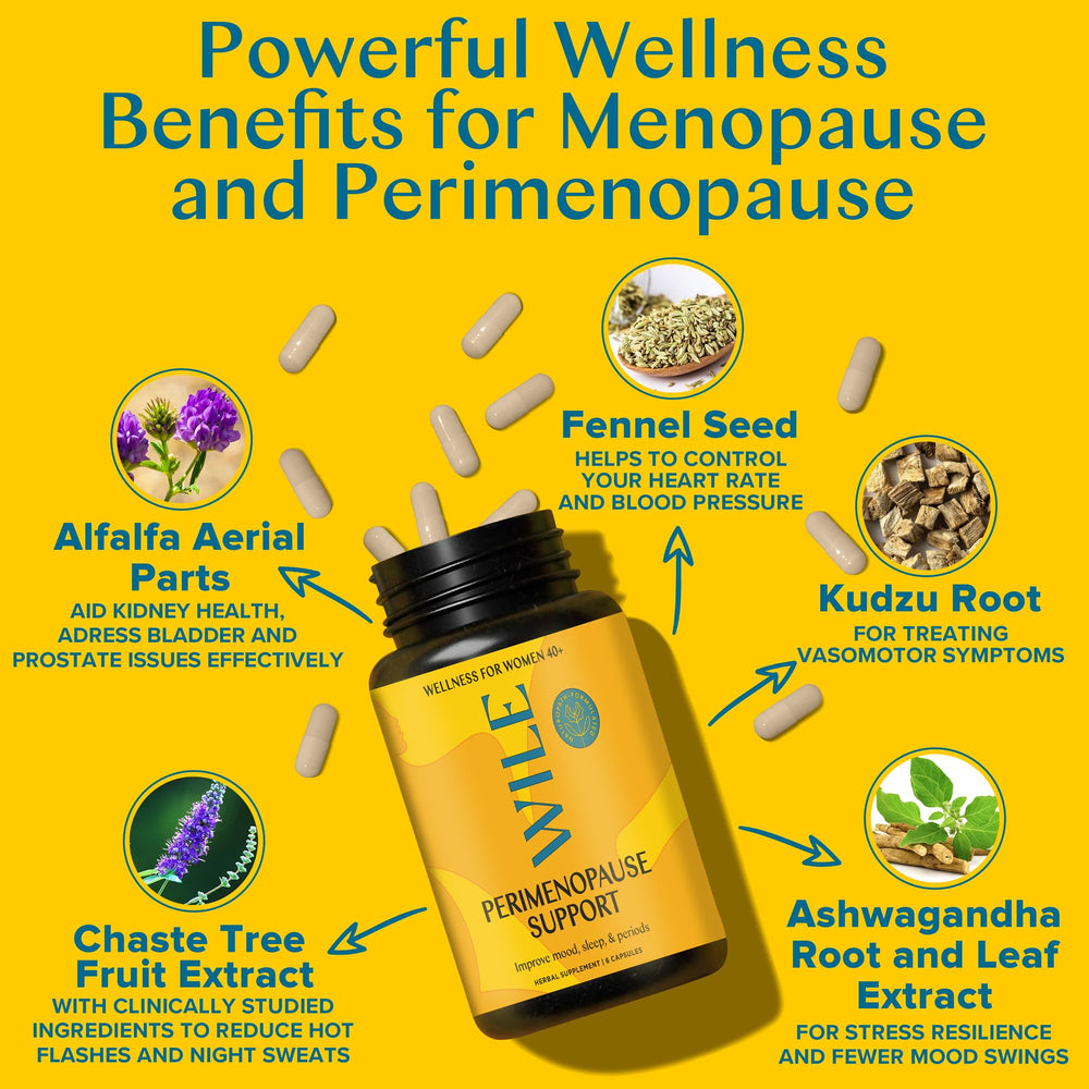 WILE bottle label showcases vegan, non-synthetic formula for menopause support.