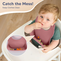 WiLLBEttER silicone bib with deep pocket catches crumbs, keeping clothes clean.