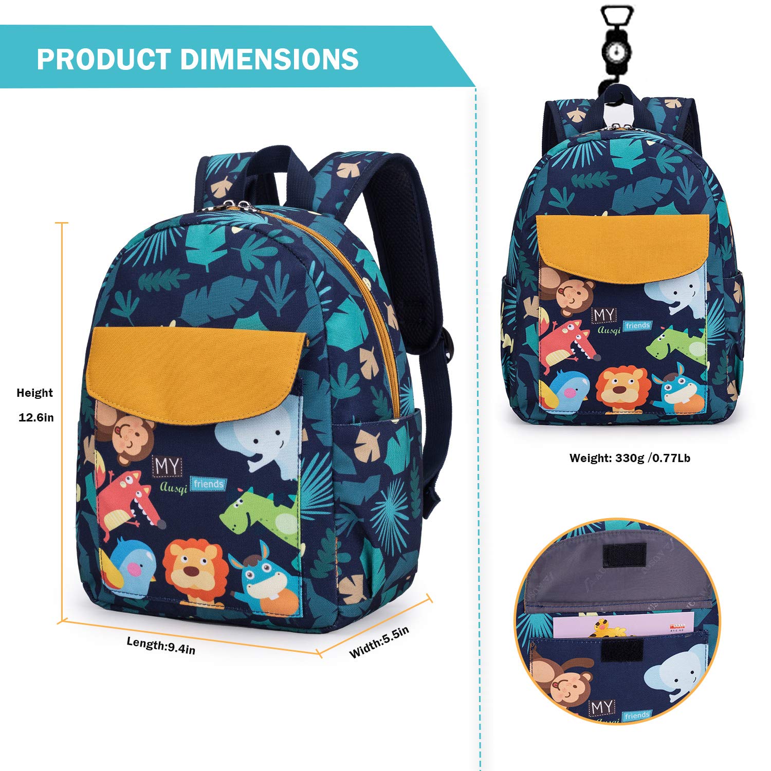 Willikiva zoo backpack side view, showing waterproof material for rainy days.