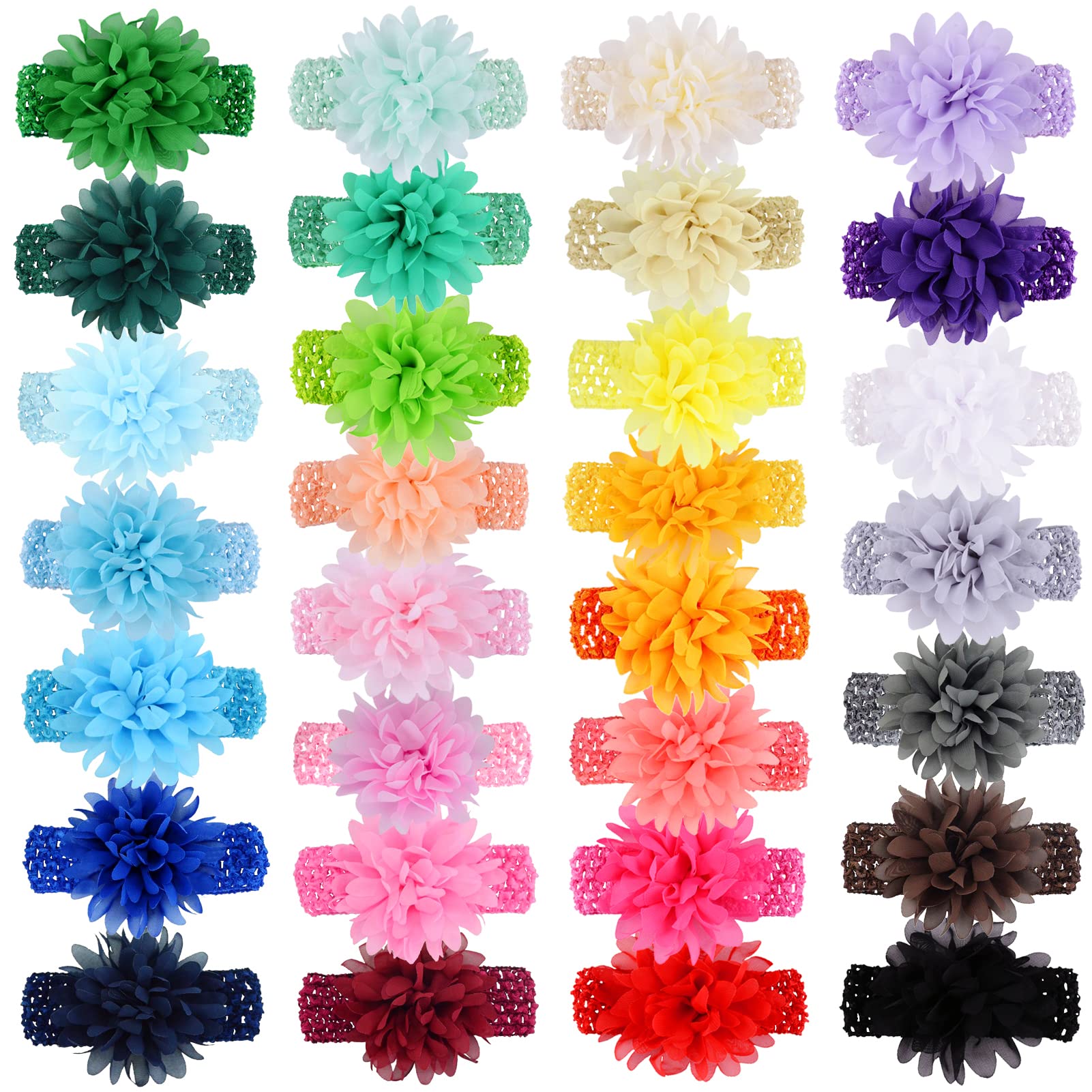 WillingTee soft elastic headbands with chiffon flowers, comfortable for newborns and toddlers.