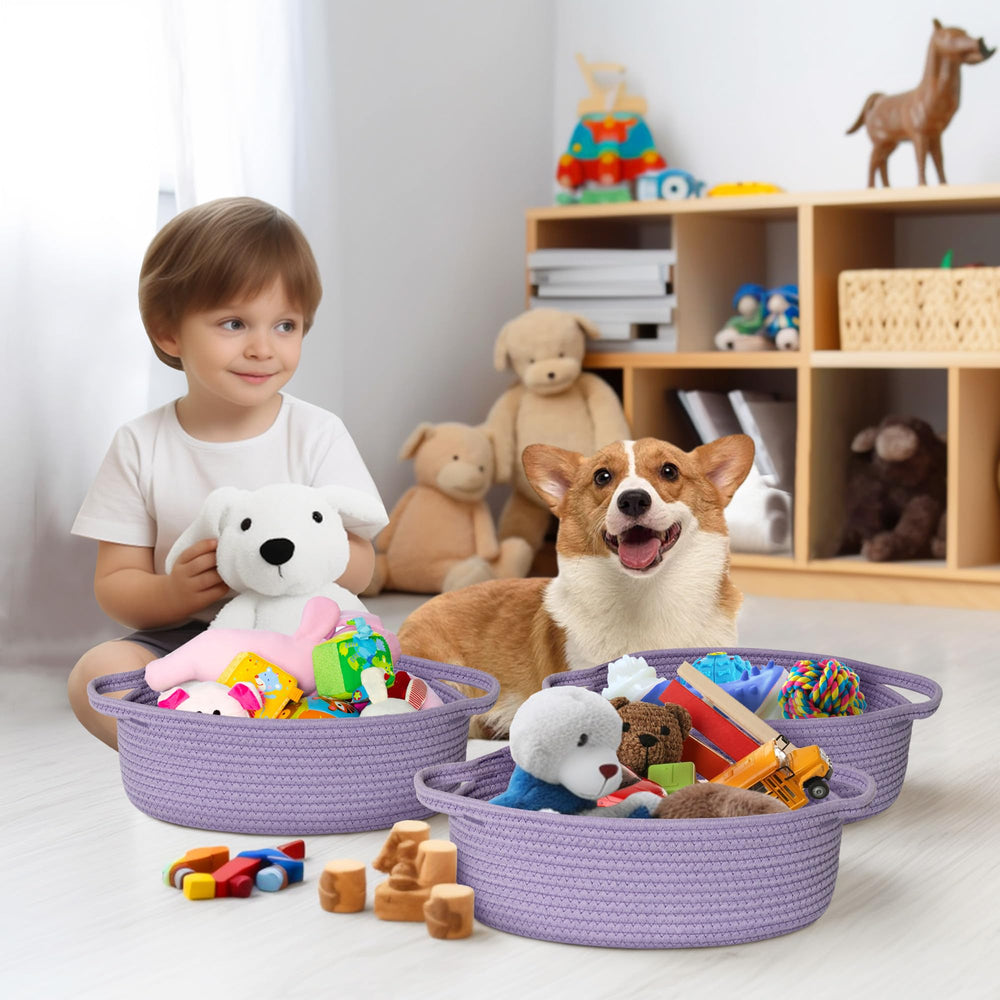 Willitat cotton rope basket in purple close-up shows soft texture and sturdy handles.