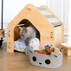 Willitat gray cat toy basket made from cotton rope, soft yet sturdy.