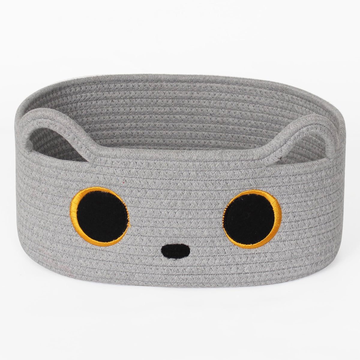 Willitat gray cat toy basket with ears decor and storage for small items.