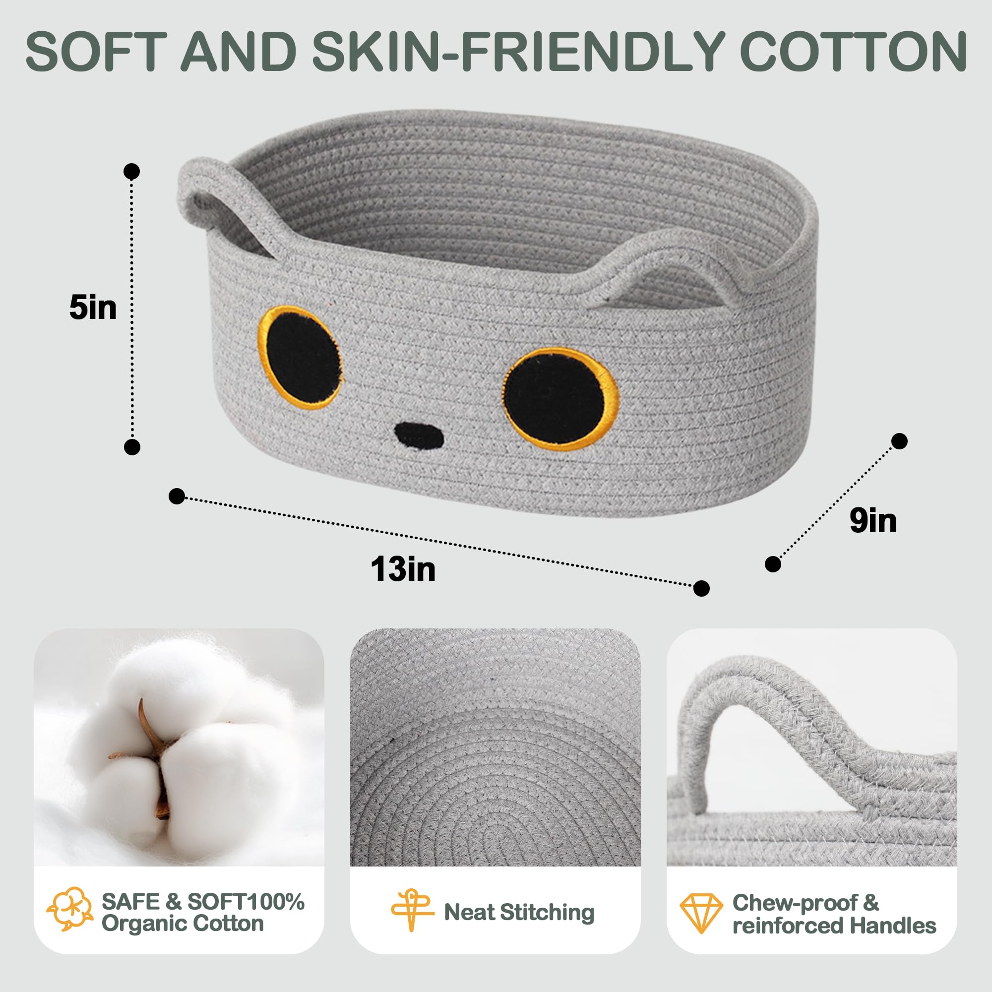 Willitat gray cat toy basket with face embroidery adds a playful home accent.