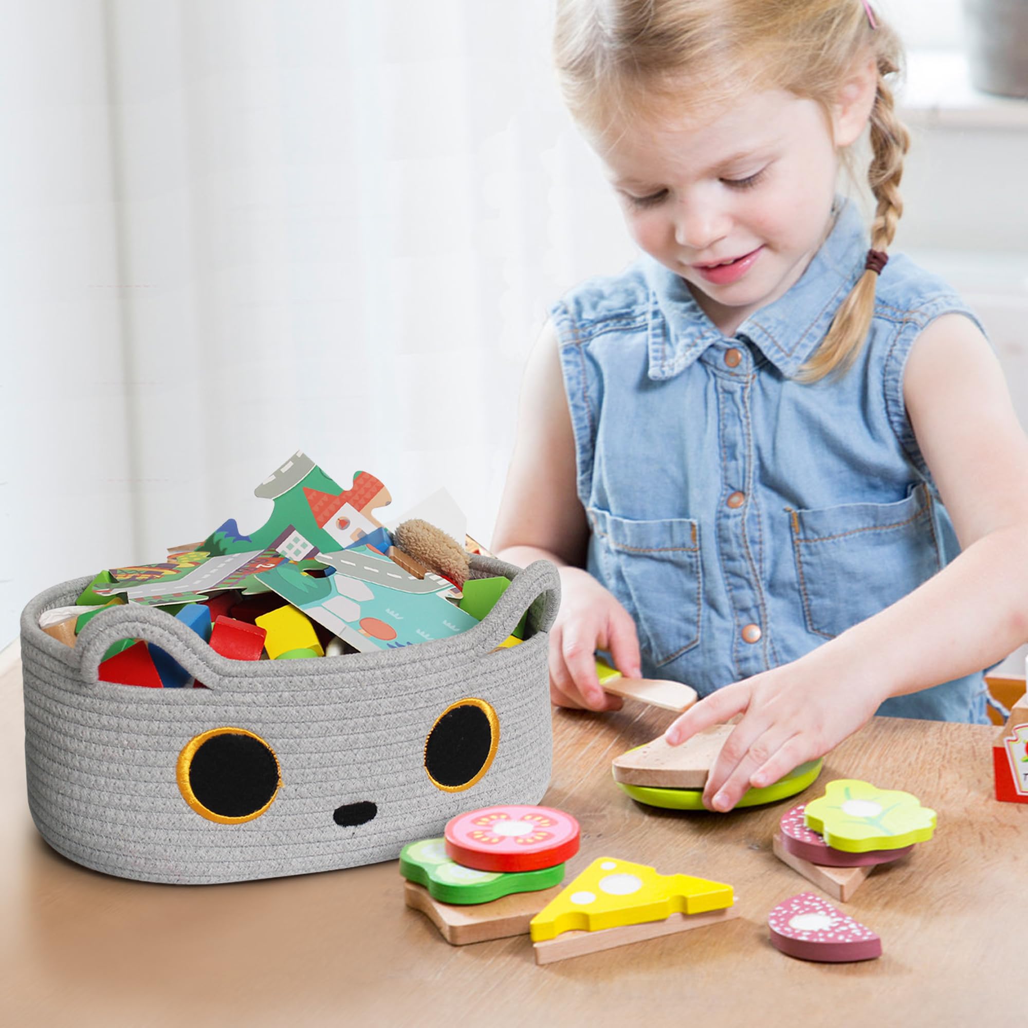 Willitat gray cat toy basket is multi-use for toys, clothes, or books.