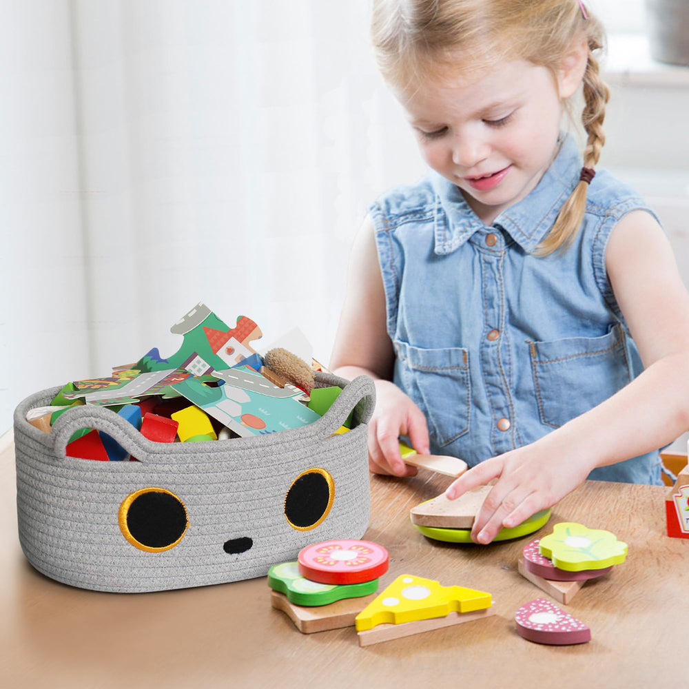 Willitat gray cat toy basket is multi-use for toys, clothes, or books.