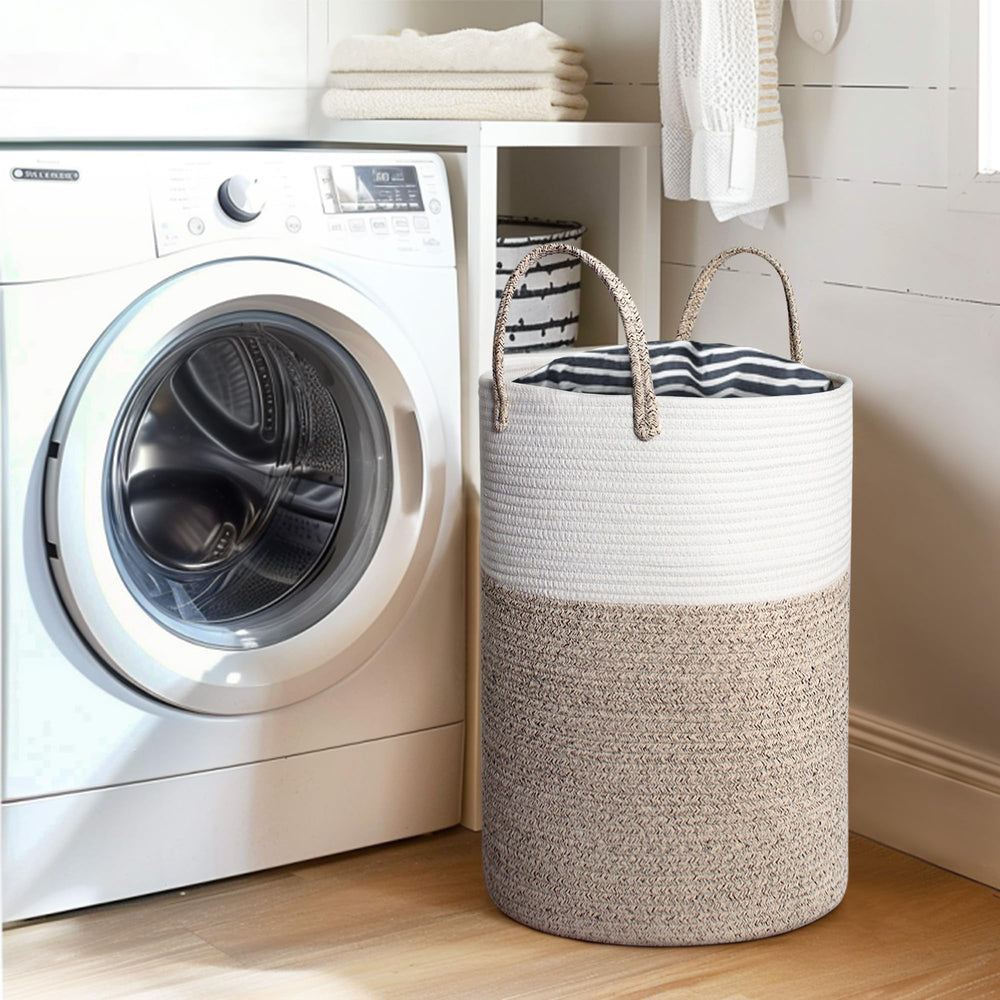 Willitat large woven laundry basket in living room with neutral decor