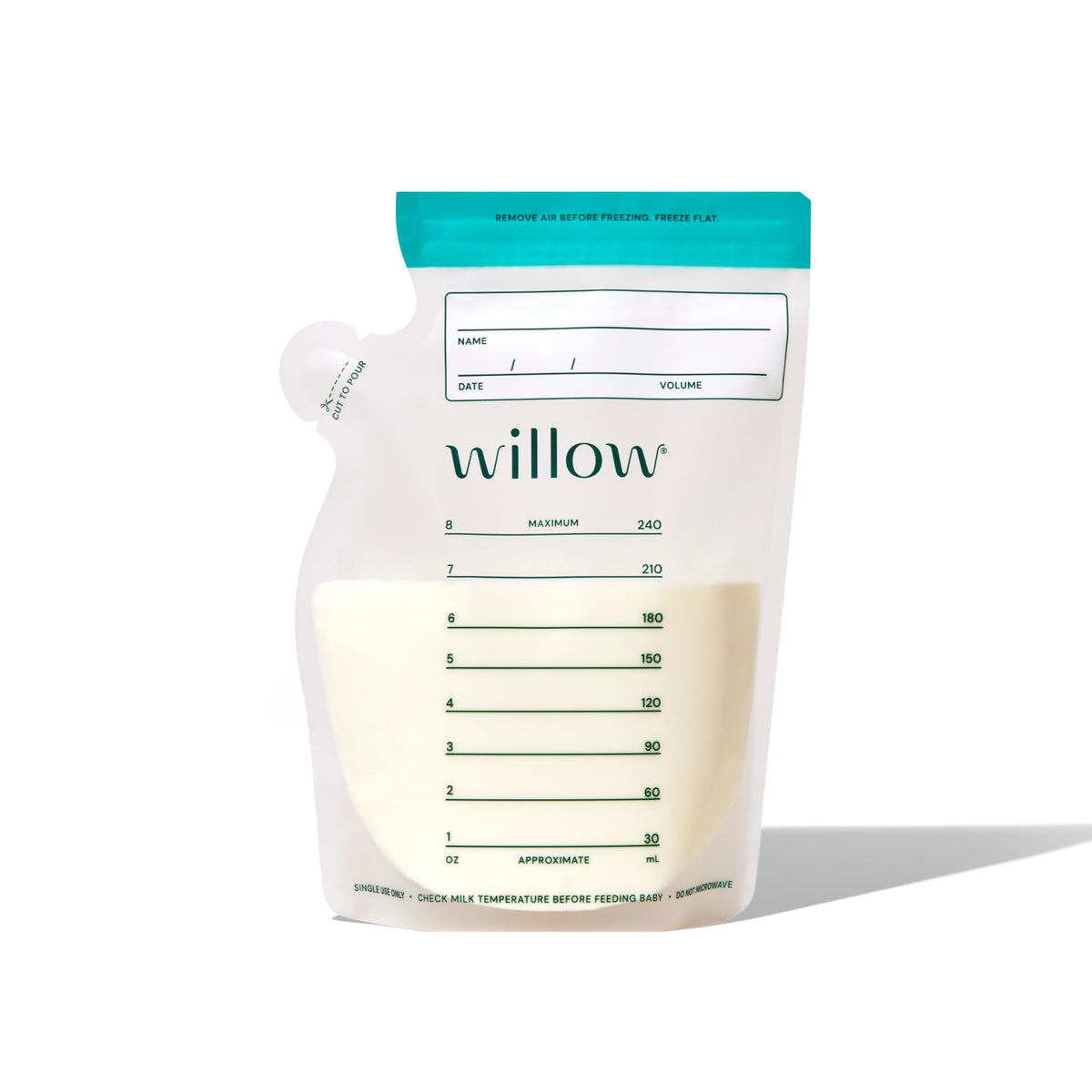 Willow 8oz breast milk storage bag with double zip seal for durability.