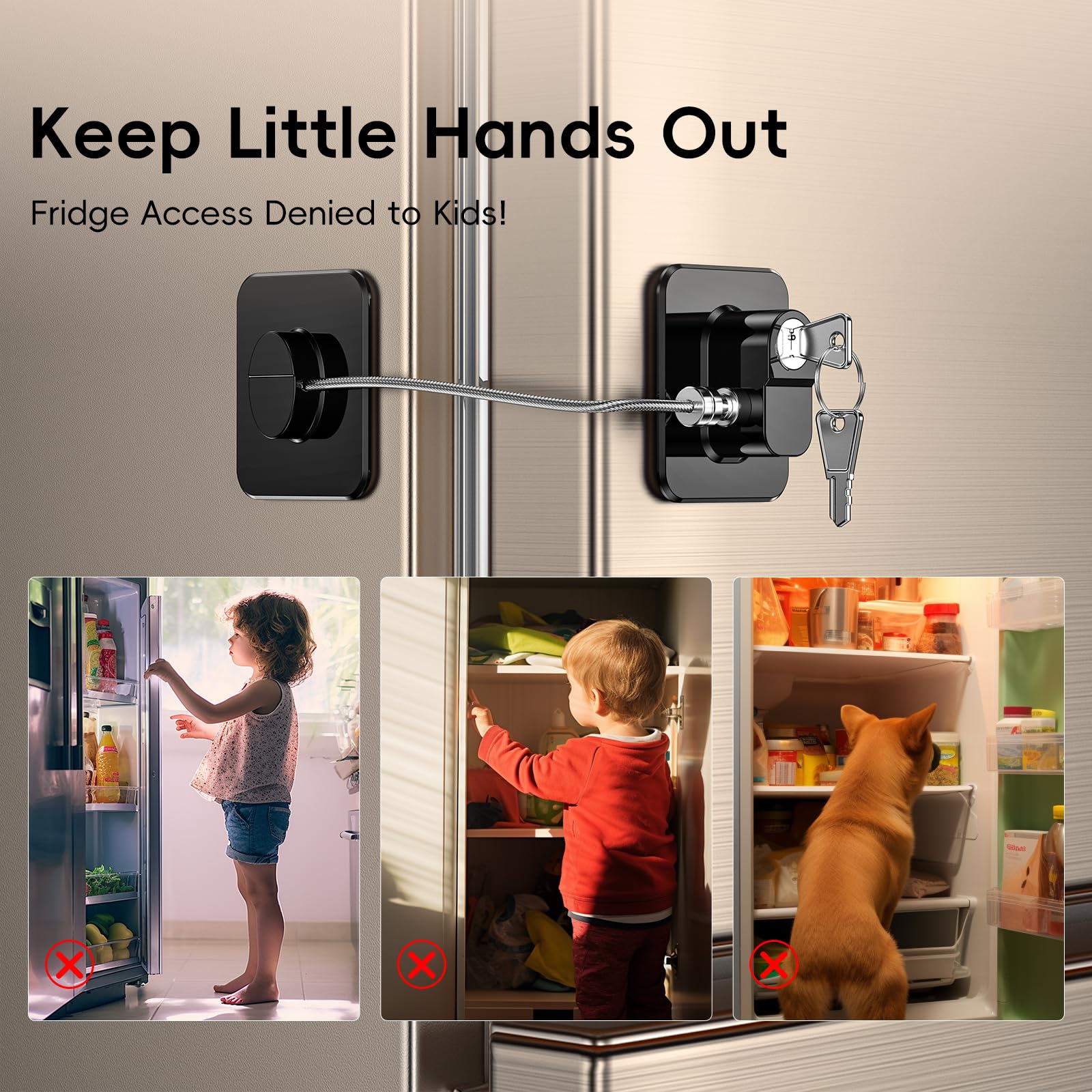 WILNIRY 2-pack fridge door lock installed on refrigerator door keeps kids safe.
