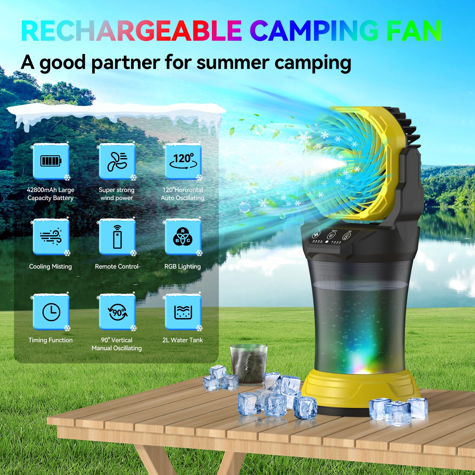 Wilody misting fan 2L water tank visible for continuous mist.
