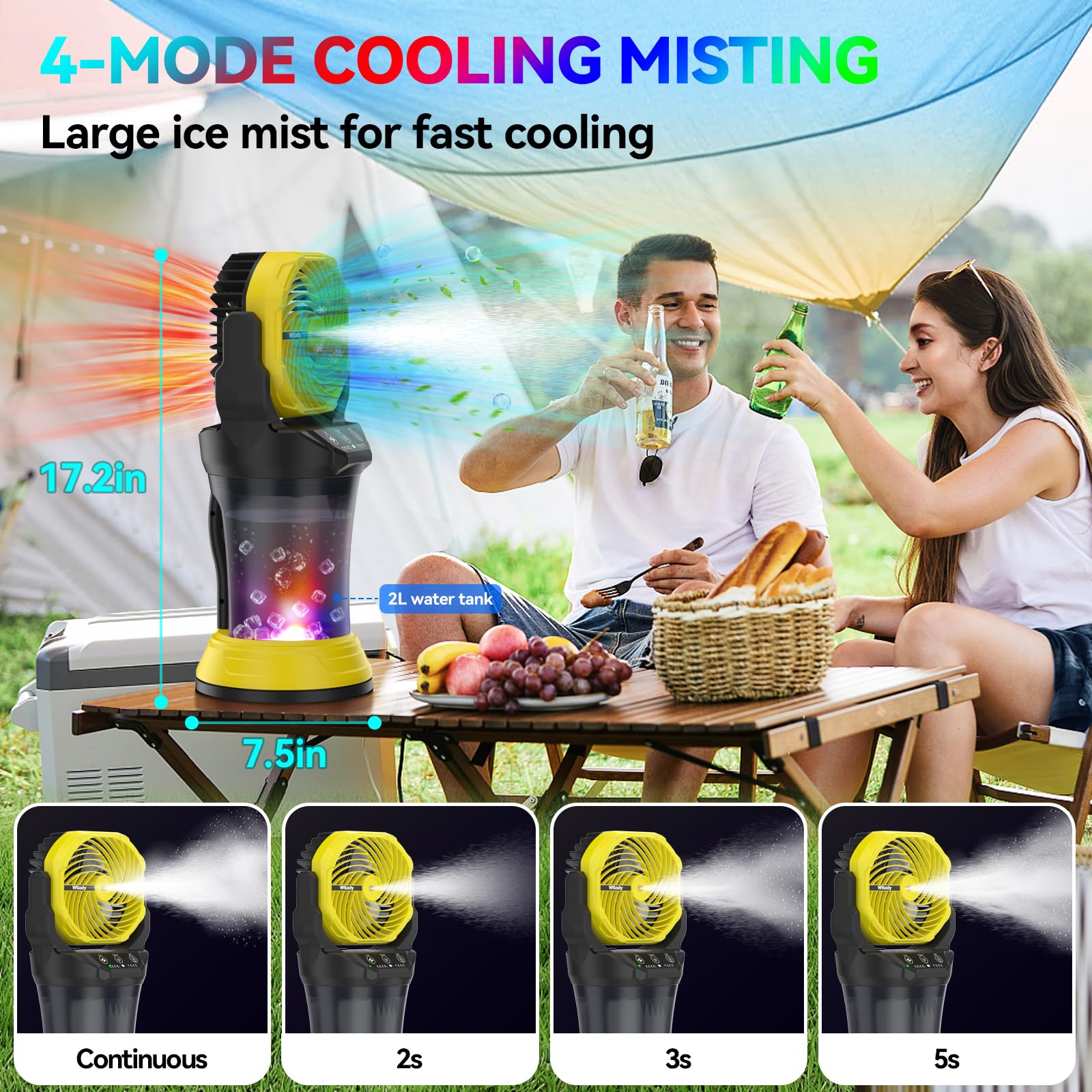 Wilody misting fan RGB ambient light for outdoor evenings.