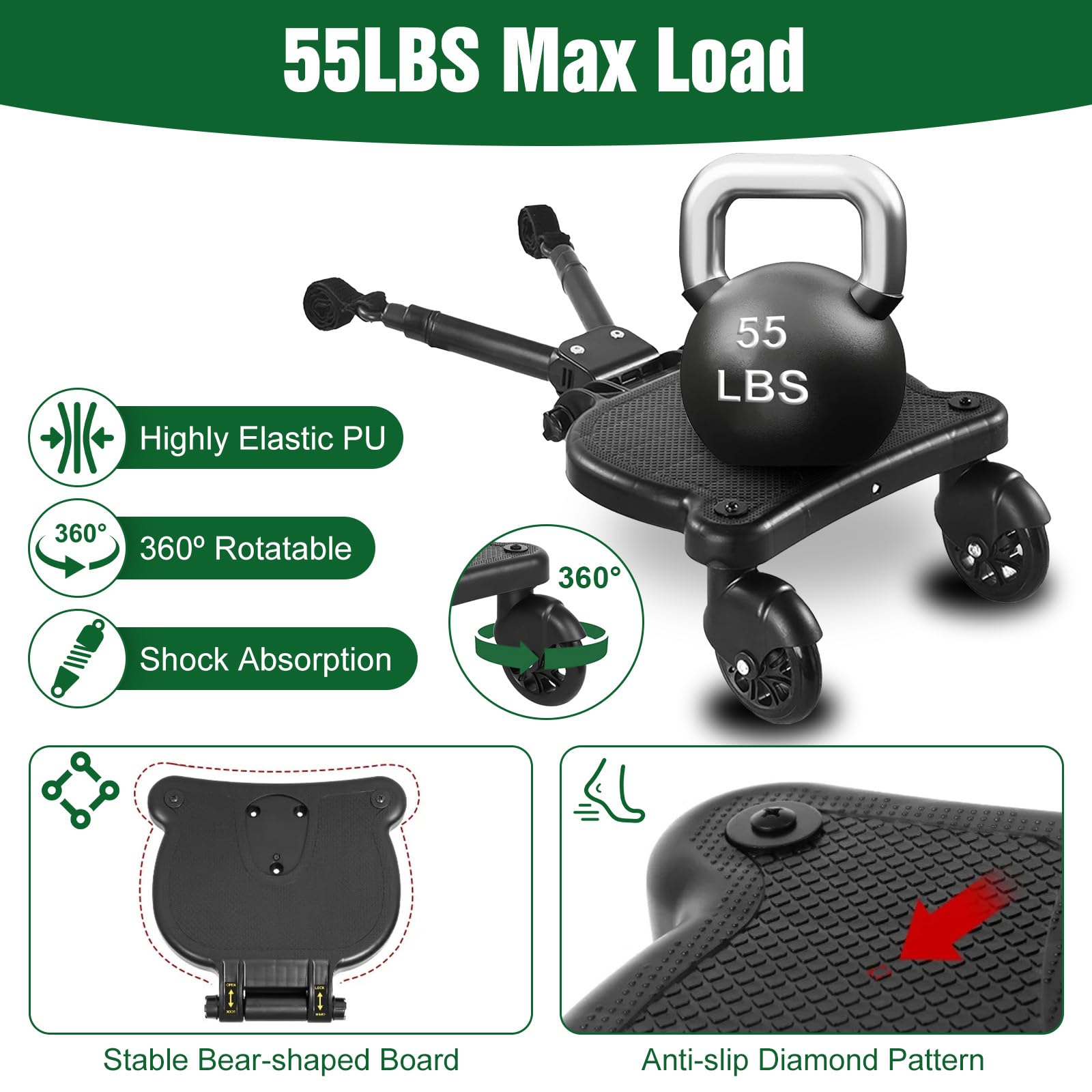Wilytyres stroller-board three-height-settings supports comfortable seating or standing.