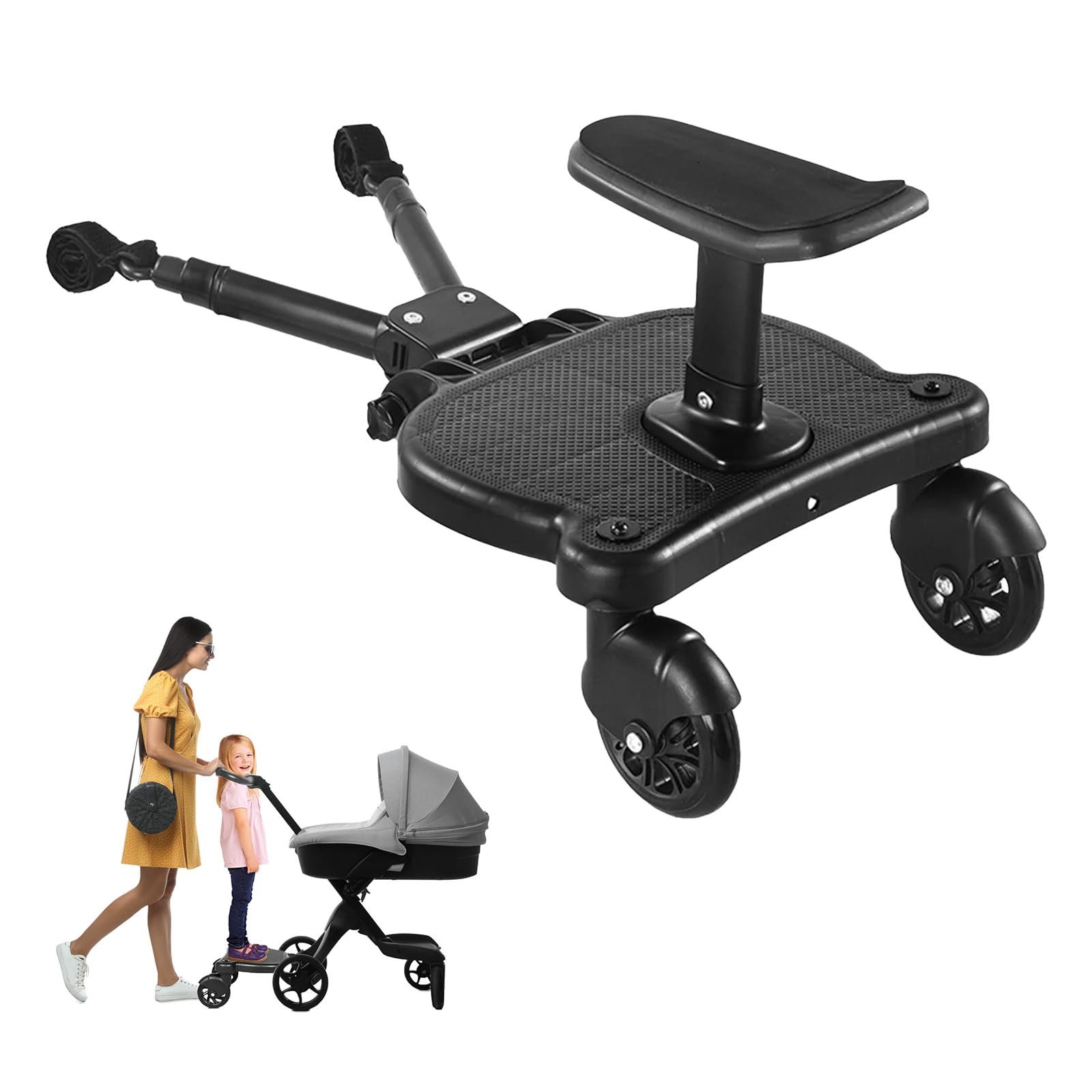 Wilytyres universal stroller board on a stroller enables multitasking family outings.