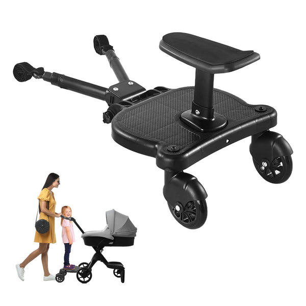 Wilytyres universal stroller board on a stroller enables multitasking family outings.