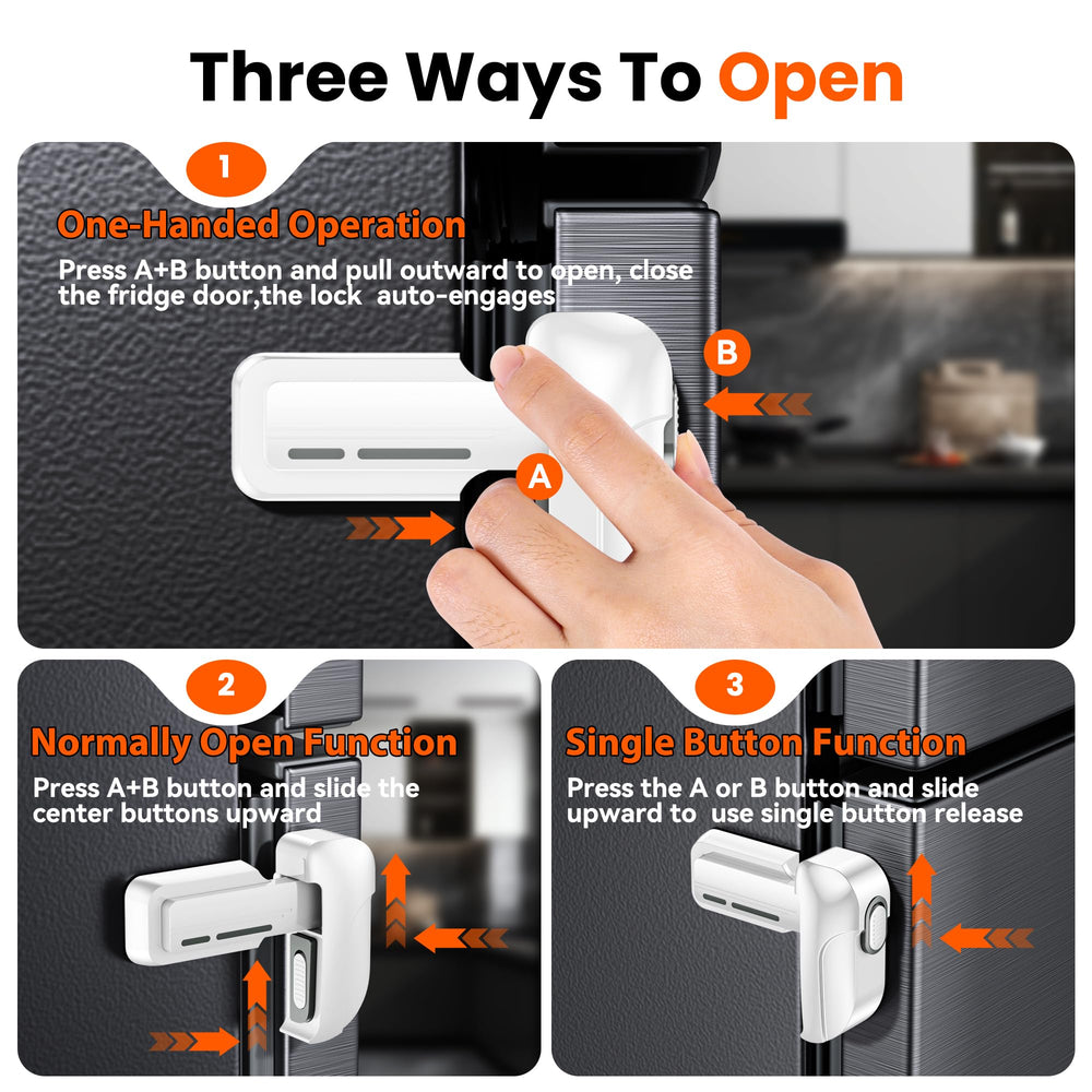 WILZEIMY fridge lock close-up on buttons highlighting simple one-handed unlock