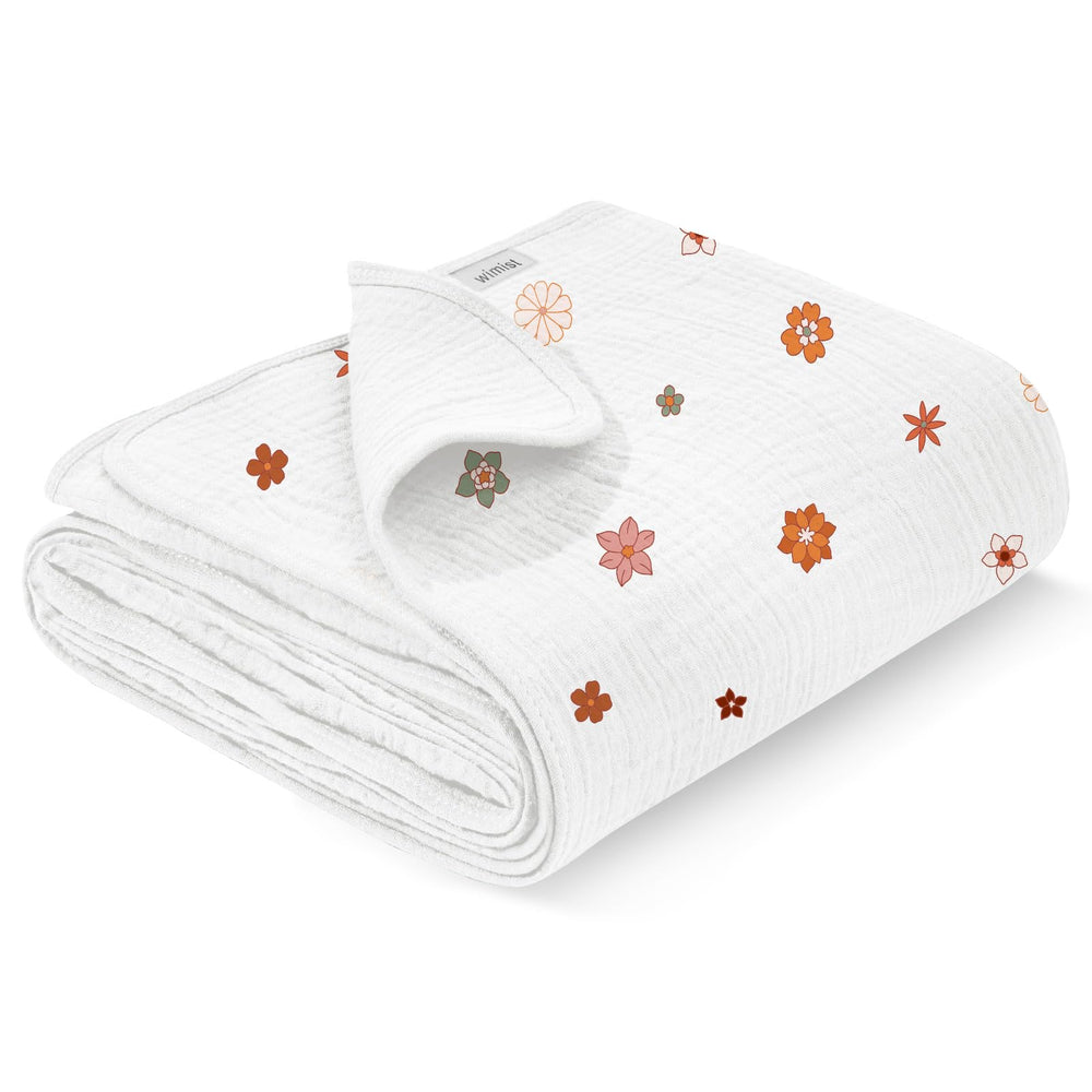 Wimist Flower-B swaddle blanket in 40x36 inches showing soft four-layer muslin for newborn comfort