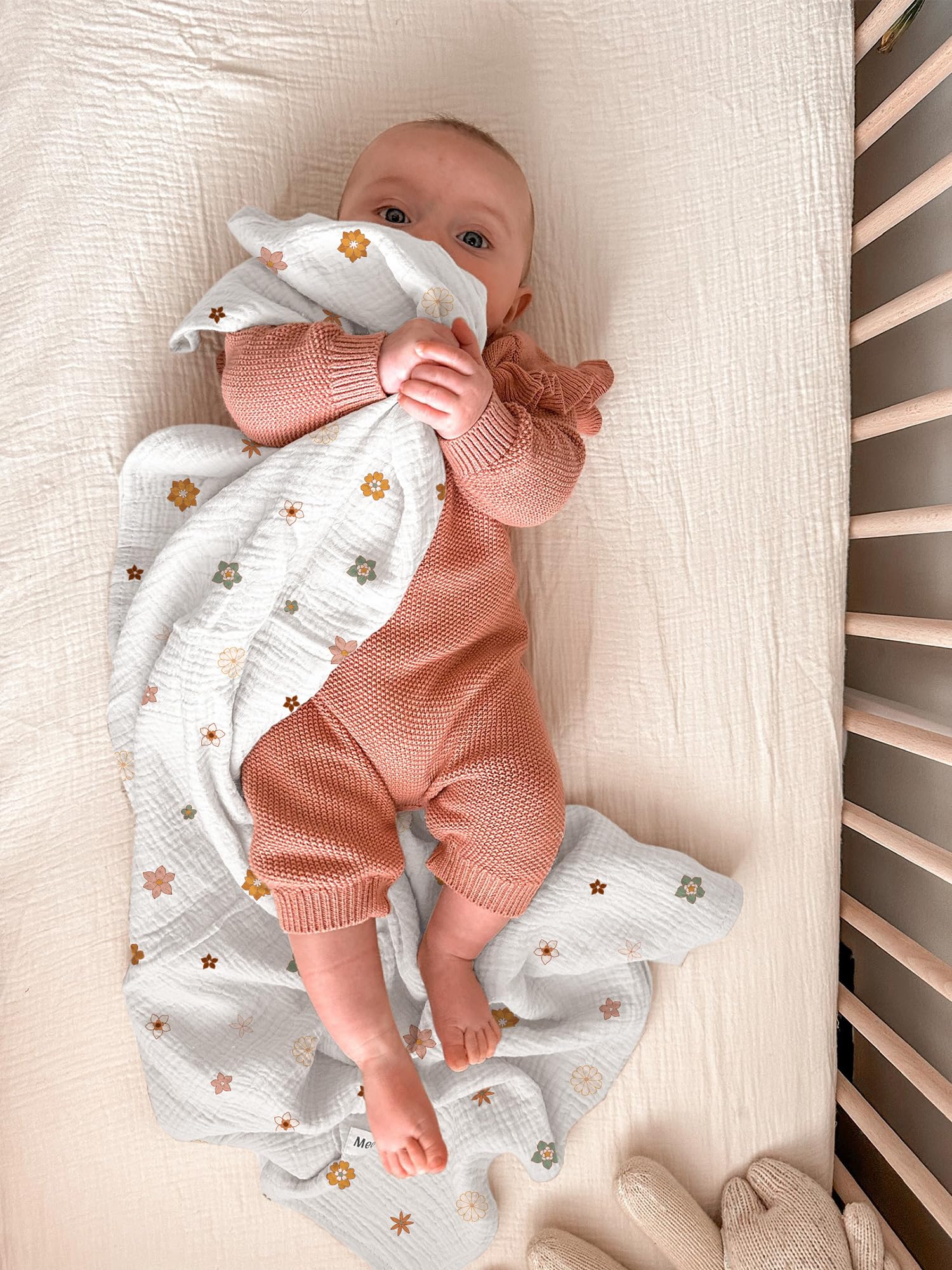 Close-up of Wimist Flower-B swaddle muslin texture highlighting plush softness