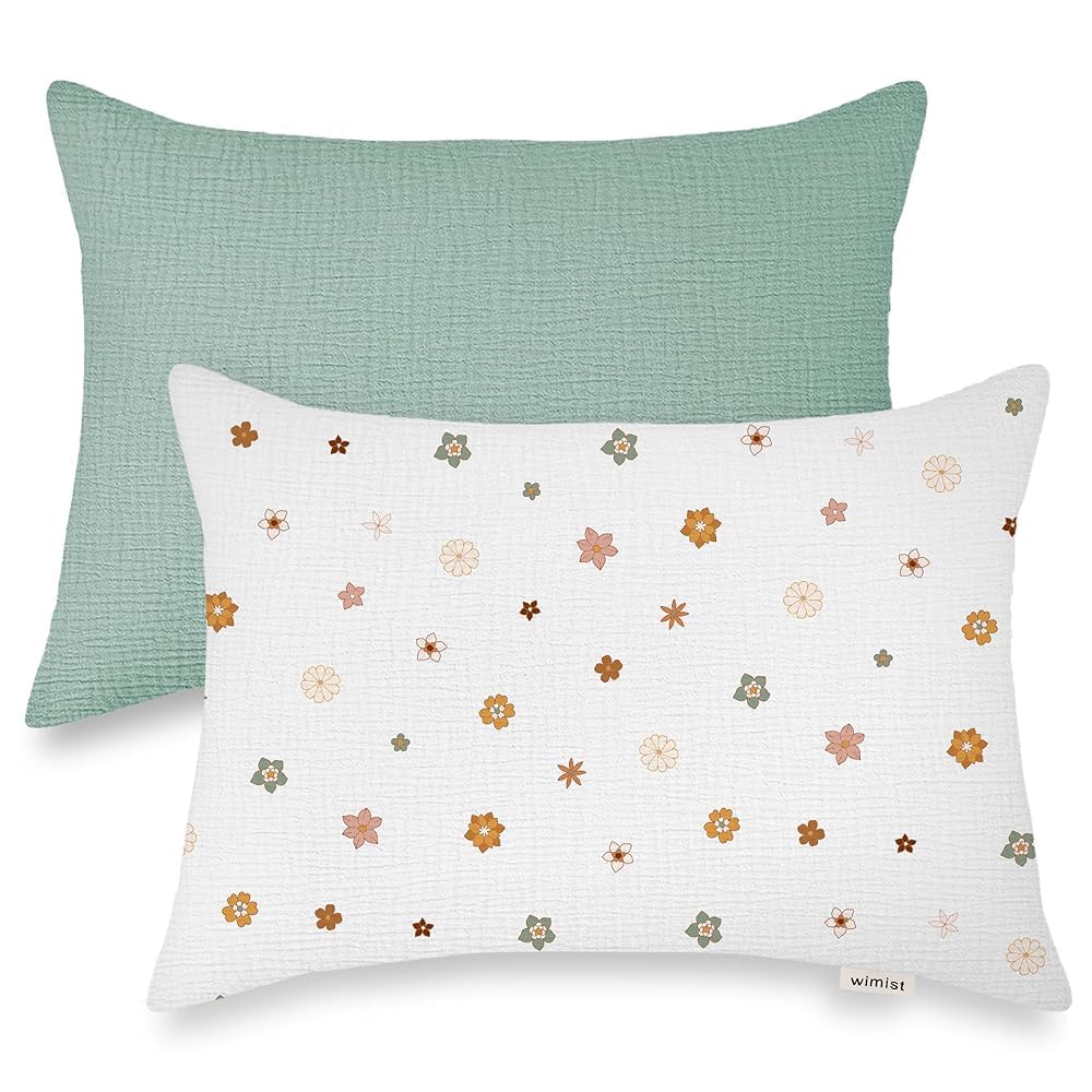 Wimist toddler pillowcase in sage muslin offers breathable softness for sensitive skin.