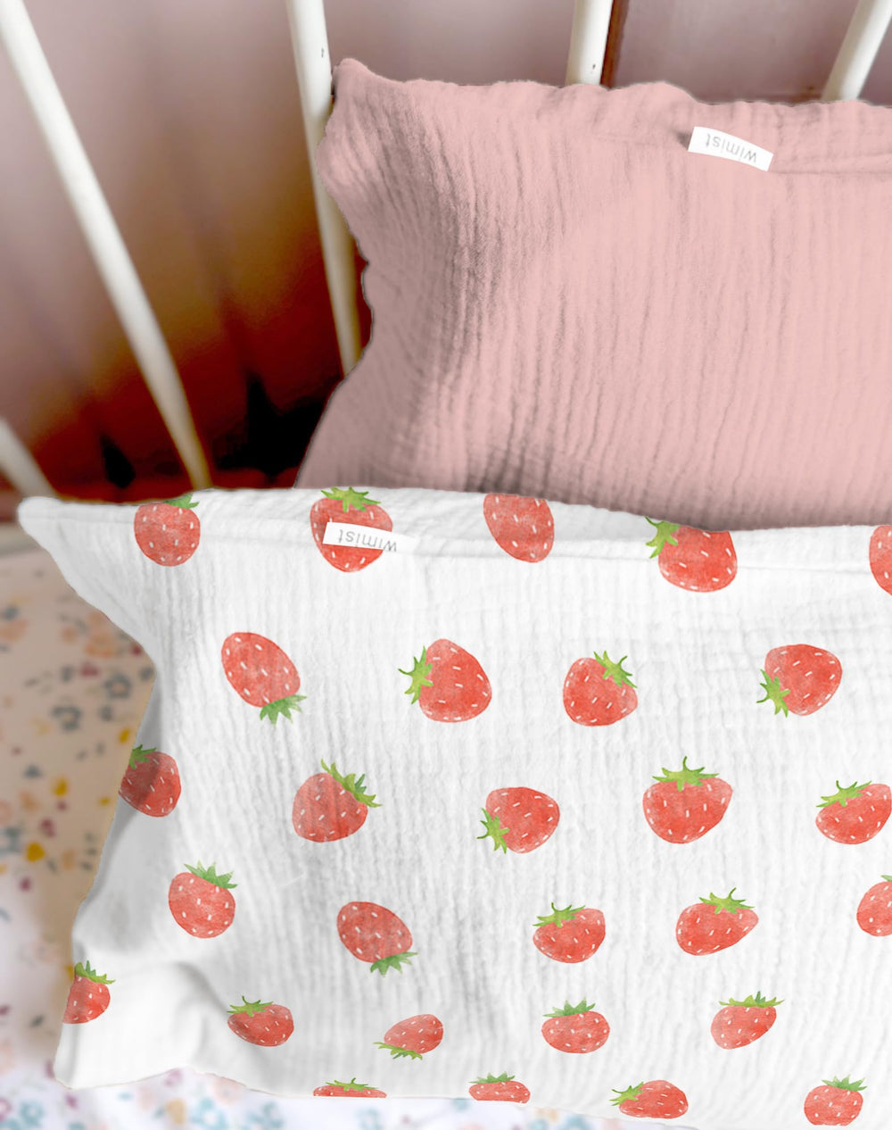 Wimist strawberry-pattern close-up shows soft muslin fabric texture.