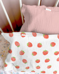 Wimist strawberry-pattern close-up shows soft muslin fabric texture.