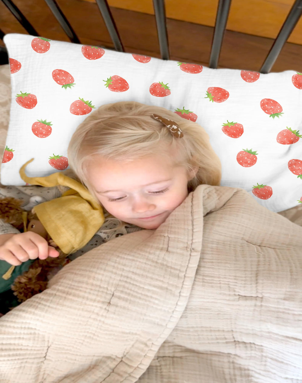 Wimist travel-friendly pillowcase shown on small pillow.
