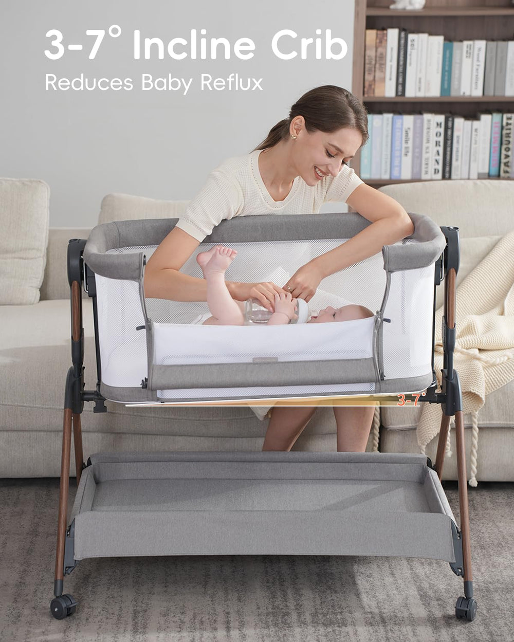 Winchild bassinet bedside attachment closeup shows secure bed connection