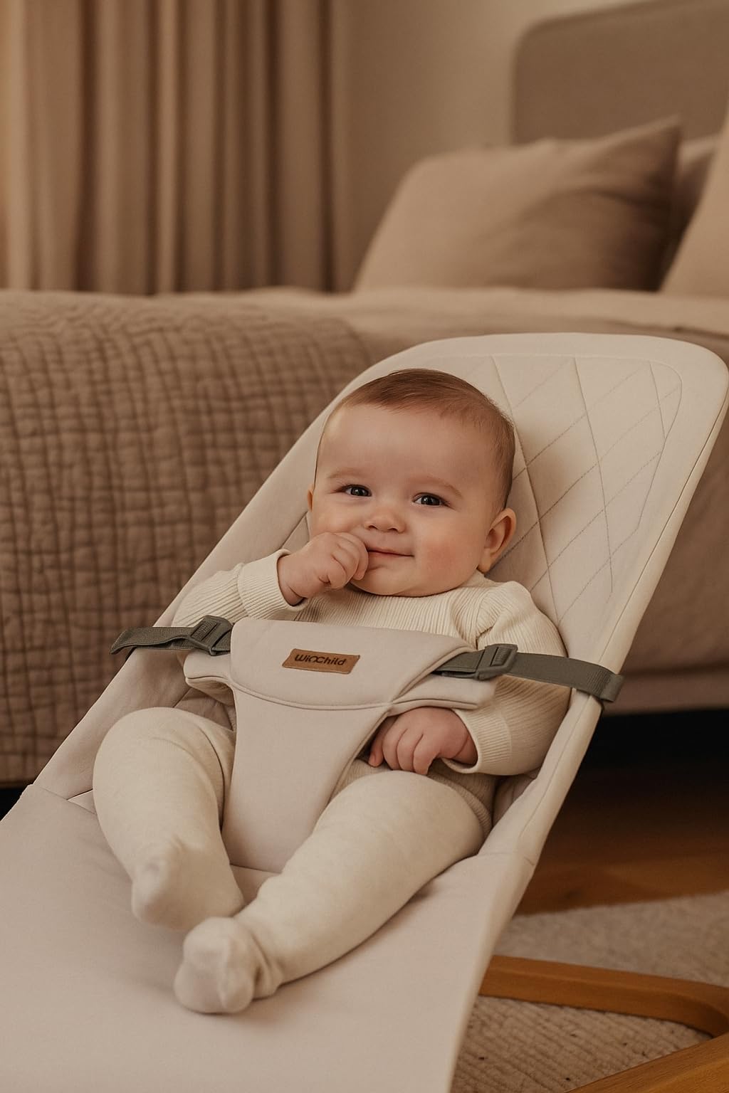 Winchild bouncer with three height positions supports growing babies.