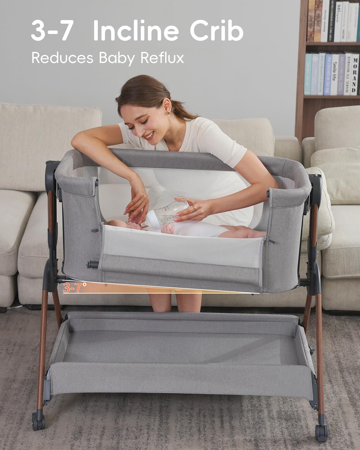 Winchild bassinet gray with mesh walls promotes airflow and easy baby monitoring.