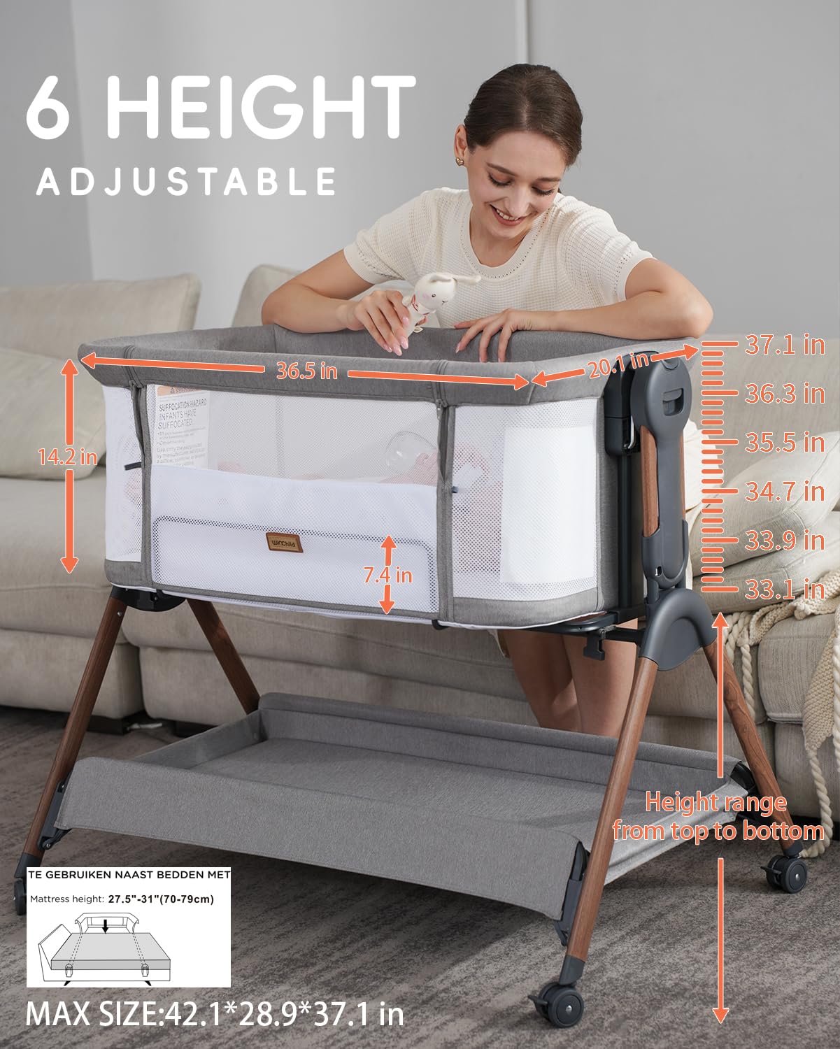 Winchild bassinet height adjustment dial aligns with your bed height precisely