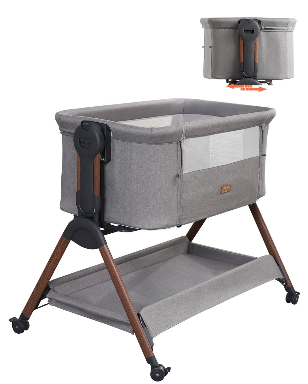 Winchild bedside bassinet with secure belt for stable attachment.