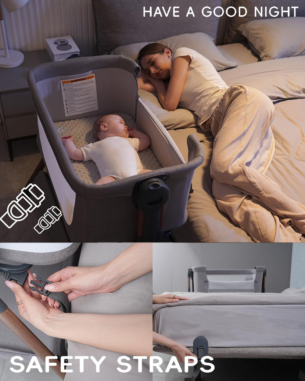 Winchild six-height adjustable bassinet aligns with bed height.