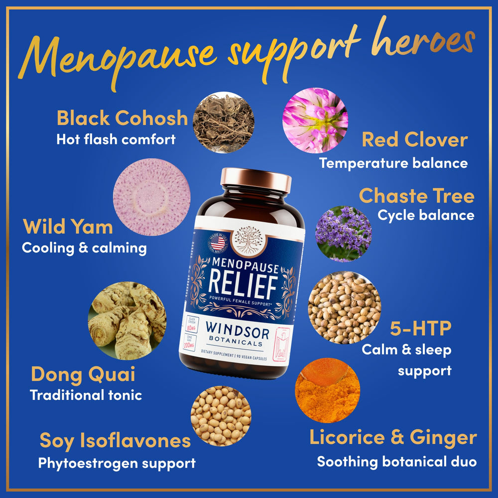 Windsor Botanicals menopause capsules close-up showing vegan formula.