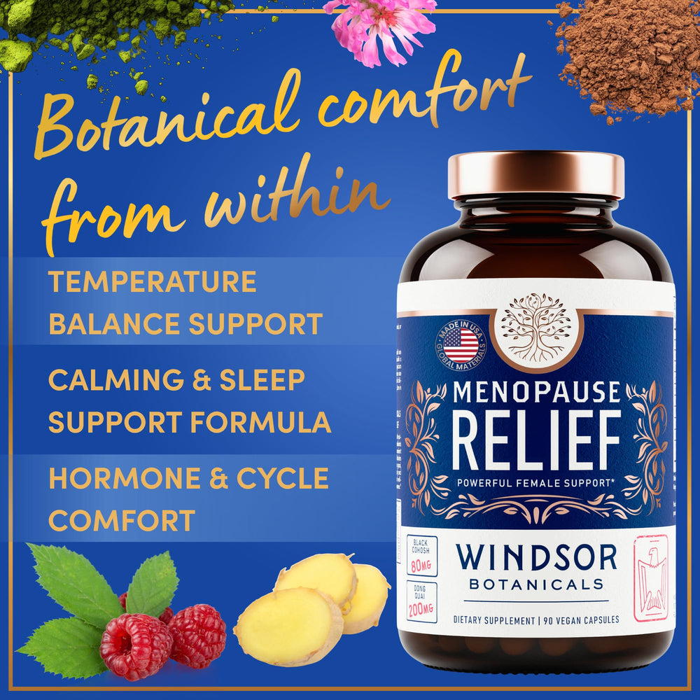 Windsor Botanicals menopause bottle label detail highlights natural ingredients.