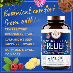 Windsor Botanicals menopause bottle label detail highlights natural ingredients.