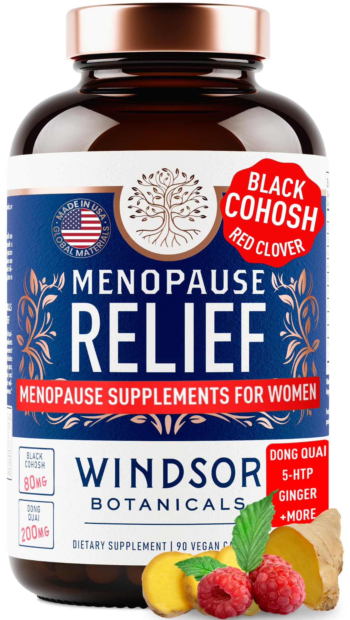 Windsor Botanicals menopause supplement bottle front for daily balance.