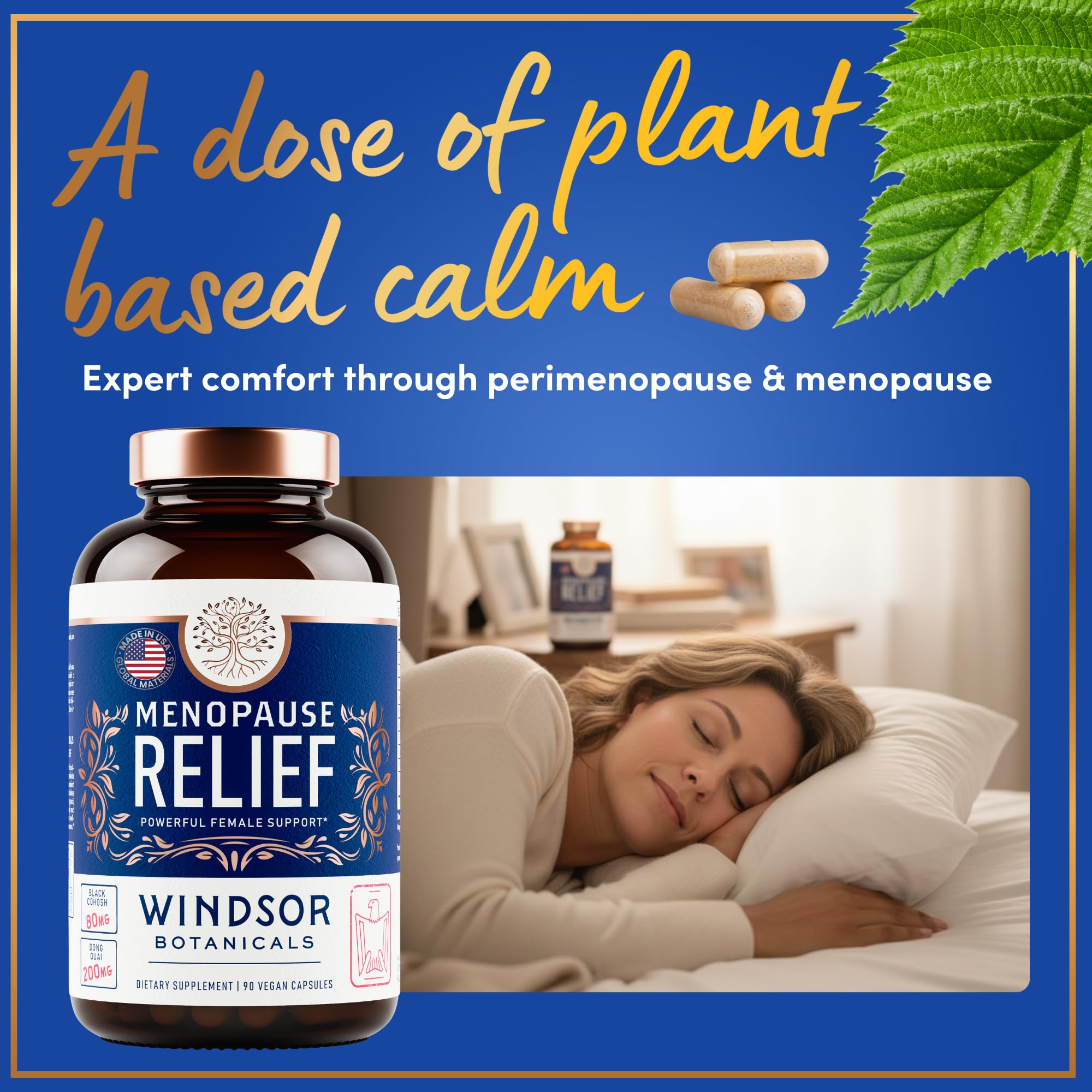 Windsor Botanicals bottle on nightstand hinting evening wellness.