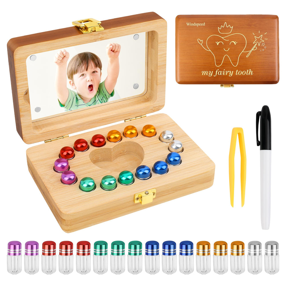 Windspeed tooth box with 16 sealed tubes keeps baby teeth organized and protected.